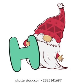 Cute gnome holding a letter h for Christmas and New Year. Vector illustration of cartoon doodle character of dwarf.
