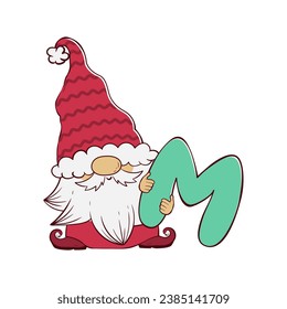 Cute gnome holding a letter M for Christmas and New Year. Vector illustration of cartoon doodle character of dwarf