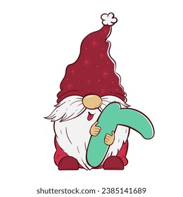 Cute Gnome mit einem Buchstaben R für Weihnachten und Neujahr. Vektorgrafik des Karikaturdoodle-Charakters des Zwerges.