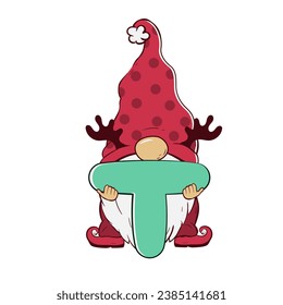 Cute gnome holding a letter t for Christmas and New Year. Vector illustration of cartoon doodle character of dwarf.