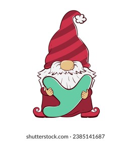 Cute gnome holding a letter y for Christmas and New Year. Vector illustration of cartoon doodle character of dwarf.