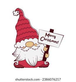 Cute gnome holding a sign with the inscription Merry Christmas. Vector illustration of cartoon dwarf character.
