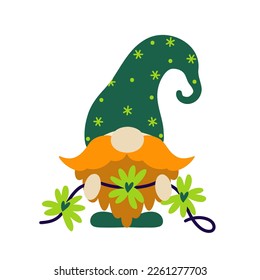 A cute gnome holds a garland with clover leaves in his hands. Elf with red beard and mustache. Irish dwarf in a stocking cap for good luck. Symbol of St. Patrick's Day. Clipart isolated on white