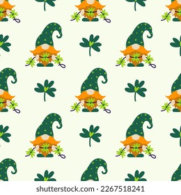 A cute gnome holds a garland of clover leaves in his hands. Seamless vector pattern for St. Patrick's Day. Festive elf with a shamrock for good luck. Flat cartoon background for wallpapers, cards