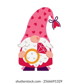 Cute gnome holds a gold engagement ring with a diamond. Funny elf with beard, in a red and pink suit, in a hat with hearts. Happy Valentine's Day. Romantic surprise, wedding, date. Hand drawn clipart