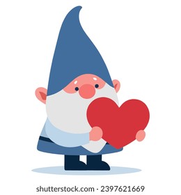 Cute gnome holds heart isolated on white background. Cartoon style. Illustration for greetings, postcard, cards.