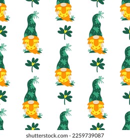 A cute gnome holds a horseshoe in his hands. Red elf with shamrock for good luck. Irish dwarf in a stocking cap with clover leaves. Funny leprechaun symbol of St. Patrick's Day. Flat vector background