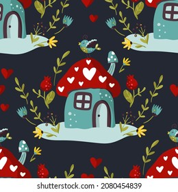 Cute Gnome Home Cartoon Seamless Pattern. Kids Fairy House Background.