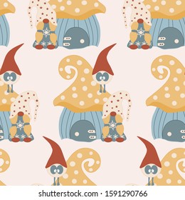 Cute gnome, gnome house and birds in a seamless pattern design, perfect to use on the web or in print