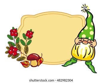 Cute gnome is hunting mushrooms. Vector frame with free space for text.