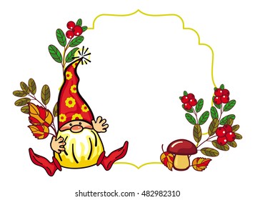 Cute gnome is hunting mushrooms. Vector frame with free space for text.