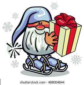 Cute gnome ice skating with a gift box in hands. Funny character for Christmas decorations, greetings cards and other design artworks.