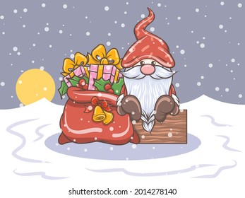 cute gnome illustration with Christmas gift bag