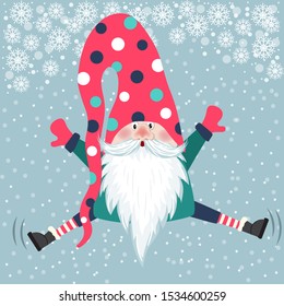 Cute Gnome springen.Weihnachtskarte. Flaches Design. 