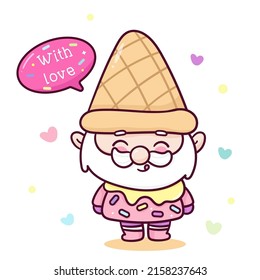 Cute Gnome and kawaii ice cream elf cartoon Birthday party kids Summer season. Series magic fairy fantasy character Fairytale character illustration. Perfect sweet shop logo, greeting card, baby.