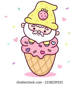Cute Gnome in kawaii ice cream cone elf cartoon Birthday party kids Summer season. Series magic fairy fantasy character Fairytale character illustration. Perfect sweet shop logo, greeting card, baby.