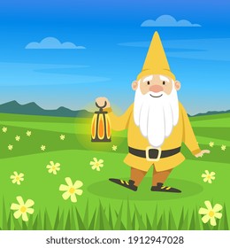 Cute Gnome with Lantern in his Hands, Funny Fairy Tale Dwarf Standing on Summer Landscape Vector Illustration