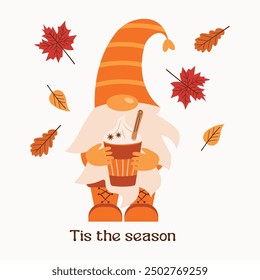 Cute gnome with latte. Vector illustration of cartoon magical character in long cap with beard and warm drink, surrounded by autumn leaves.