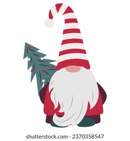 Cute gnome with long beard and red striped hat isolated on white. Scandinavian cartoon character with Christmas tree. Fairy tale dwarf