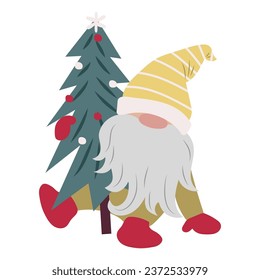 Kürbis mit langem Bart und gelbem gestreiftem Hut einzeln auf Weiß. Skandinavischer Cartoon-Charakter mit Weihnachtsbaum. Märchenzwerg