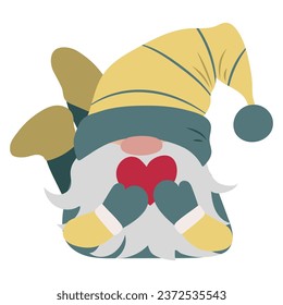 Cute gnome with long beard and yellow hat isolated on white. Scandinavian cartoon character with heart for Christmas decoration. Fairy tale dwarf. Love