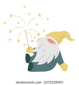 Un gnomo lindo con barba larga y sombrero amarillo aislado en blanco. Caricatura escandinava con brillo para la decoración navideña. Enano de cuento de hadas