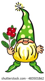 Cute gnome in long green cap and forest berries. Funny character for decorations, greetings cards, children's books and other design artworks. Vector clip art.
