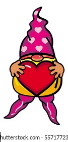 Cute gnome in long hat holding heart. Funny character for holiday decorations, greetings cards and other design artworks. Vector clip art.