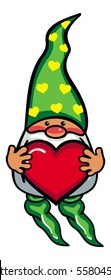 Cute gnome in long hat holding heart. Funny character for holiday decorations, greetings cards and other design artworks. Vector clip art.