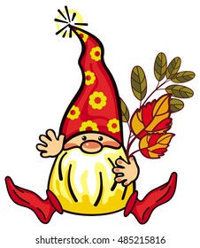 Cute gnome in long red cap and autumn leaves. Funny character for decorations, greetings cards, children's books and other design artworks. Vector clip art.
