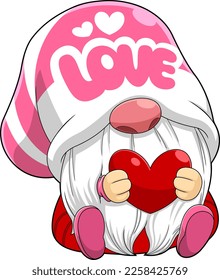 Cute Gnome Lover Cartoon Character Holding A Red Heart. Vector Hand Drawn Illustration Isolated On Transparent Background