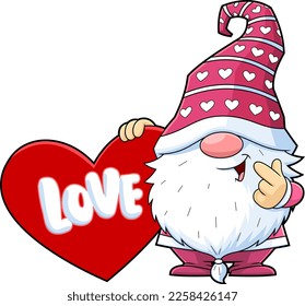 Cute Gnome Lover Cartoon Character Holding A Red Heart With Text Love. Vector Hand Drawn Illustration Isolated On Transparent Background