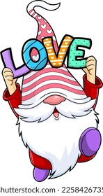 Cute Gnome Lover Cartoon Character Running With Text Love. Vector Hand Drawn Illustration Isolated On Transparent Background