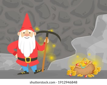 Cute Gnome in Mine Extracting Gems with Pickaxe, Happy Funny Fairy Tale Dwarf Searching for Gold Cartoon Vector Illustration