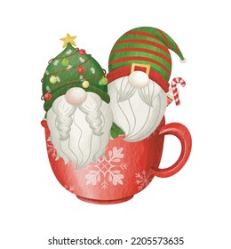 Cute gnome in a mug ready to celebrate Christmas. Hand drawn vector illustration watercolor cute gnome banner design. Xmas design for holidays decoration, greeting cards, gift tags, t-shirt