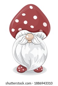 cute gnome mushroom fly agaric, picture in hand drawing cartoon style for greeting. postcard