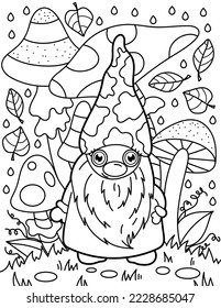 
Cute gnome with mushrooms. Coloring book for children. Gnome coloring book. Black and white vector illustration.