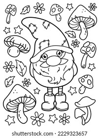 Cute gnome with mushrooms. Coloring book for children. Gnome coloring book. Black and white vector illustration.