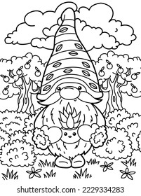 Cute gnome near apple trees with home flower in a pot. Coloring book for children. Gnome coloring book. Black and white vector illustration.