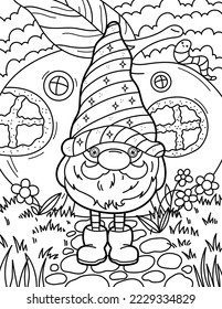 Cute gnome near the house with a cute worm. Coloring book for children. Gnome coloring book. Black and white vector illustration.