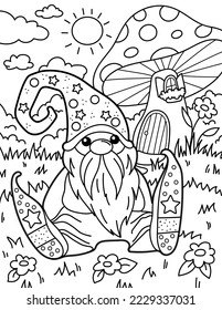 Cute gnome near the mushroom house. Coloring book for children. Gnome coloring book. Black and white vector illustration.