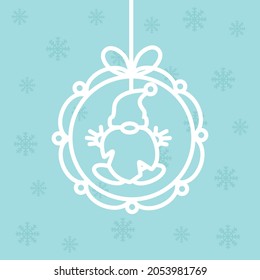 Cute Gnome on blue background, Christmas tree toy icon, silhouette decorations . Openwork toy. Template for wood carving, laser cutting.  Postcard for Christmas, New Year. Vector illustration