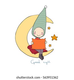 Cute gnome on the moon. Pillow and blanket. Vector illustration for children design.