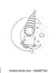 Cute gnome on the moon. Pillow and blanket. Vector illustration for children design.
