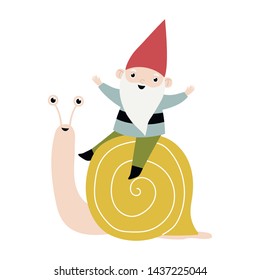 Cute gnome on a snail.