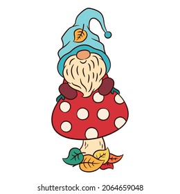 Cute gnome on a toadstool. Fall leaves. Autumn clipart. Cartoon character gnome Scandinavian elf tomte. Children baby style colorful vector illustrations. Funny gnome baby card print graphic design.