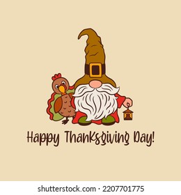 Cute gnome pilgrim and turkey bird Happy Thanksgiving card template. Scandinavian dwarf character wearing funny pilgrim hat. Vector design for fall print, cut file, home decor, invitation, poster.