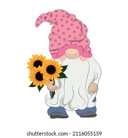 Cute gnome in a pink hat with a bouquet of sunflowers.