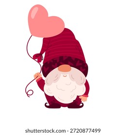Gnomo lindo con sombrero rosa y barba blanca. San Valentín. Vacaciones románticas. 14 de febrero. Amor, corazón y globo. Caricatura. Ilustración vectorial.