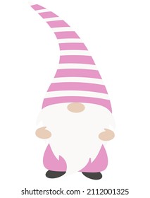 Cute gnome in a pink striped hat. Cartoon holidays decoration. Vector illustration isolated on white.